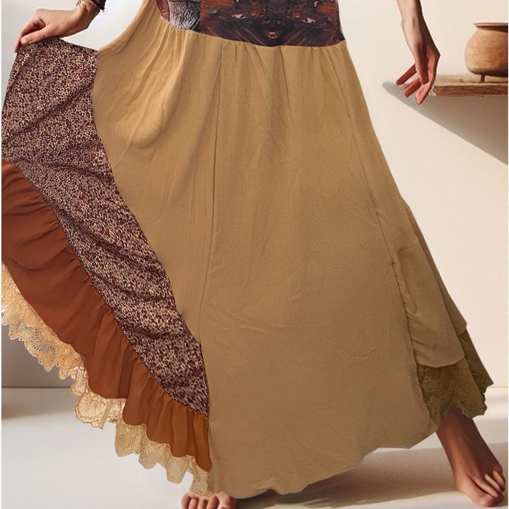 Elegant Patchwork Maxi Skirt - Beige and Rust